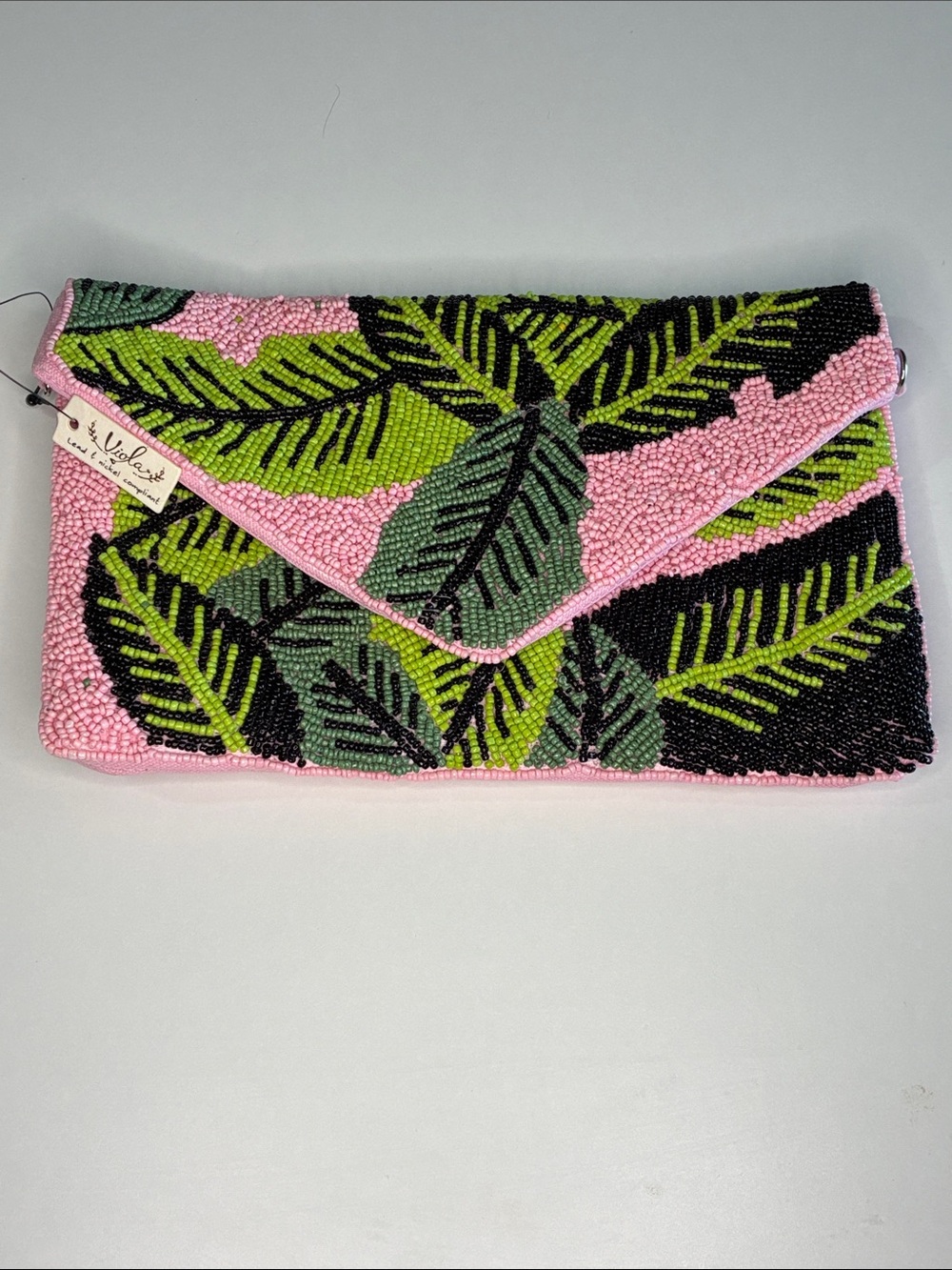 Beaded Tropical Leaf Envelope Clutch - M&J - Pink & Green